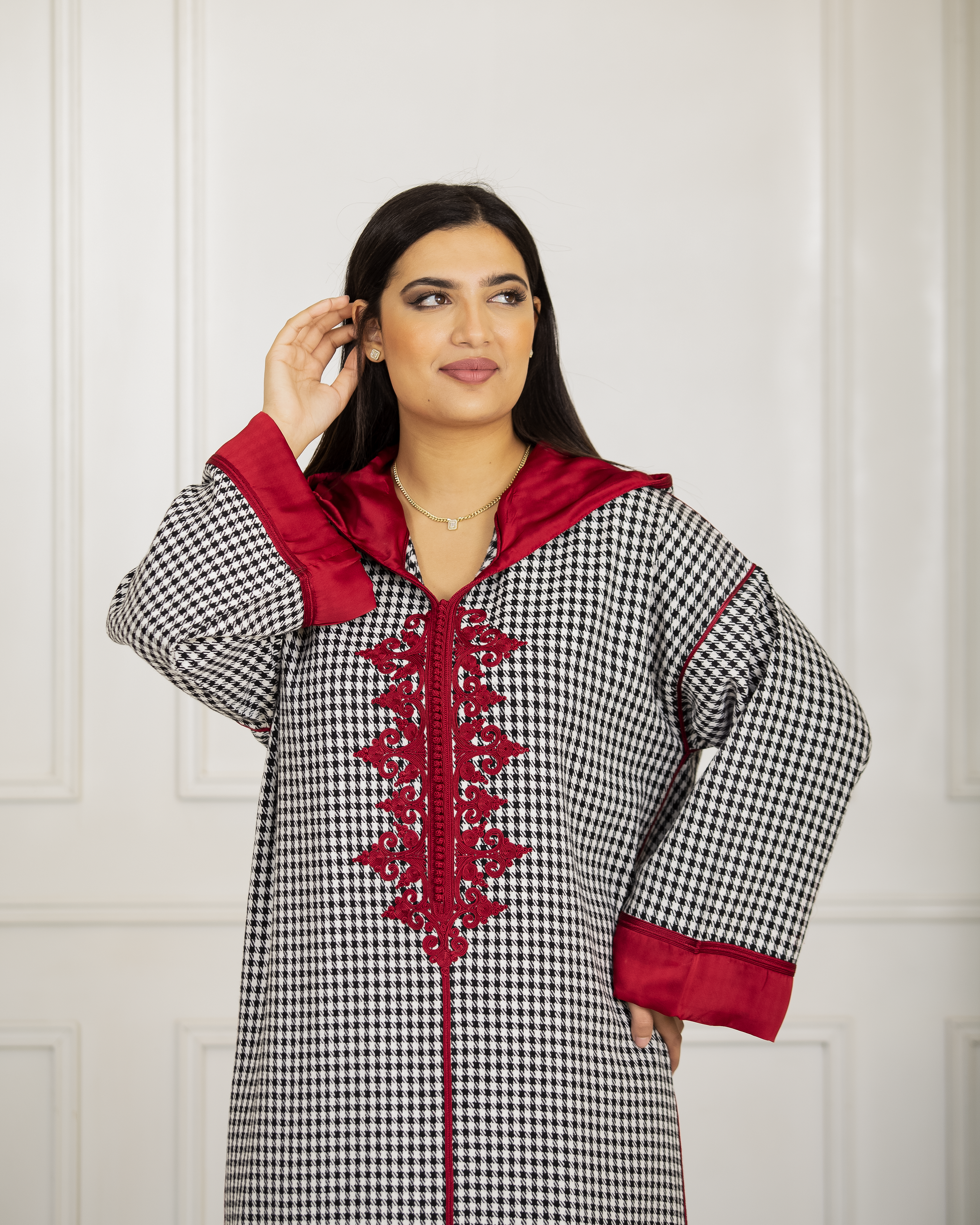 New - Jellaba hivernale en Pied de poule ornée en Façon Maâlem